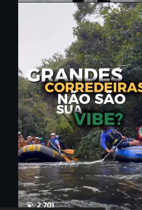Bote descendo o rio, com o texto 'Grandes corredeiras não são sua vibe?'