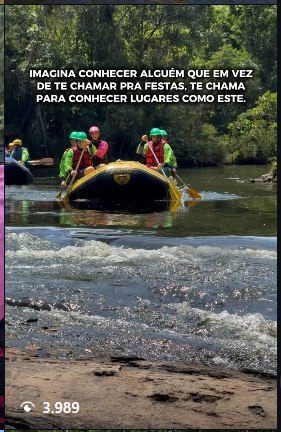 Bote da Montana em corredeira forte, com o texto sobre conhecer lugares novos